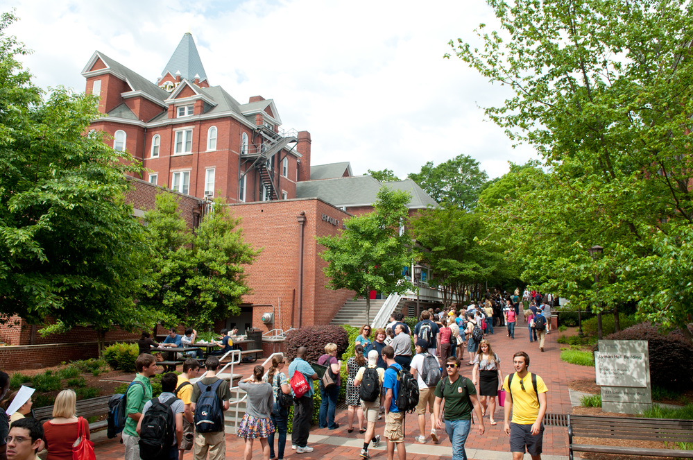 Tech tower with students walking by