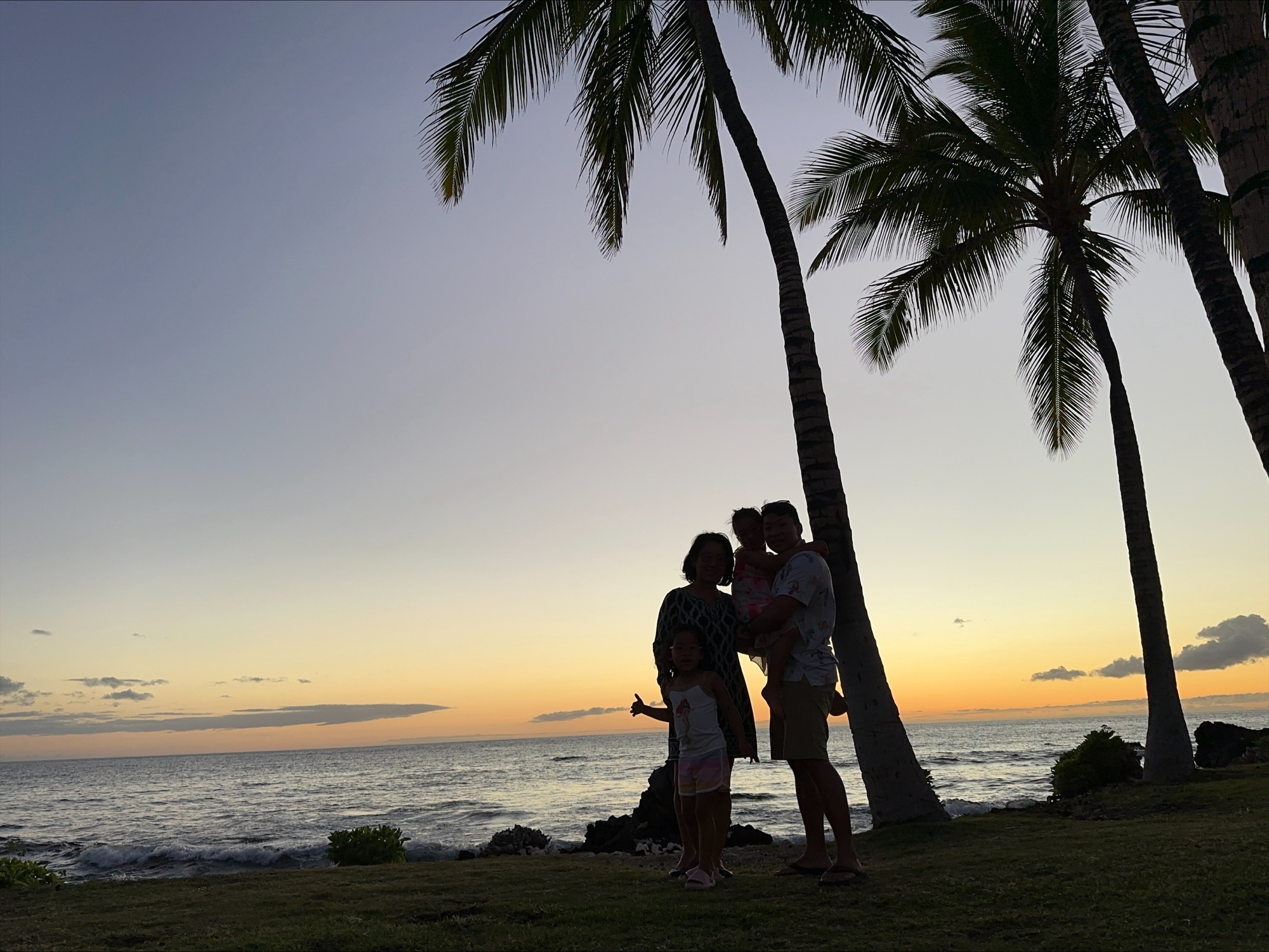 david lacy and family in hawaii against a sunset with palm trees