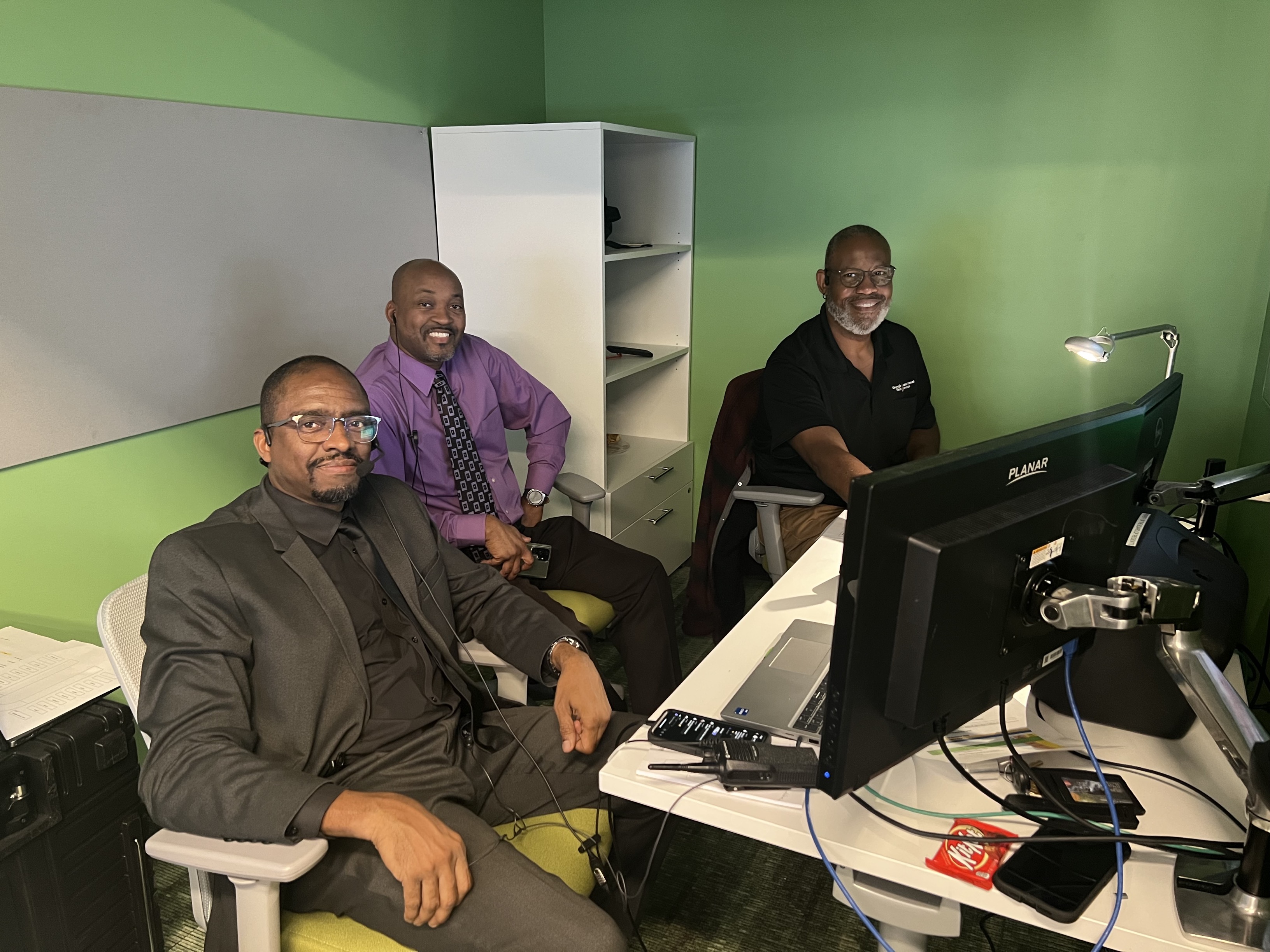 Featured from left to right: Charlie Wright, A/V-IT Support&nbsp;professional manager senior;&nbsp;Marcus Garnett, A/V manager for the Board of Regents; and Quincy Thomas,&nbsp;AV-IT Support professional II.&nbsp;
