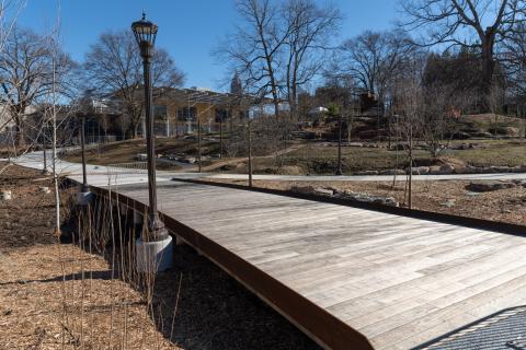 View from a wooden bridge leading to The Kendeda Building.