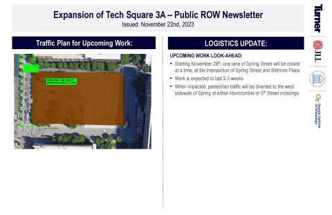 map of planned street closure and accompanying language for Tech Square Phase 3 utility work